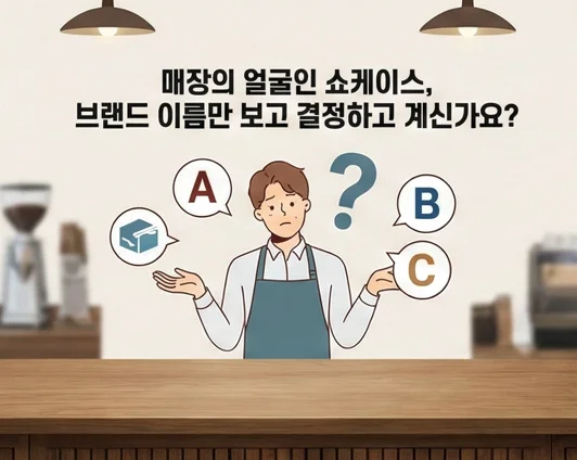 카페 창업 시 제과 쇼케이스 브랜드 선택을 고민하는 점주님과 한성쇼케이스 비교 가이드