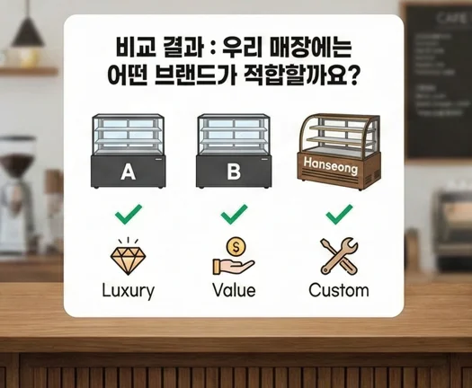 글로벌 브랜드, 가성비 브랜드, 한성쇼케이스 비교 결과 및 매장별 맞춤형 추천