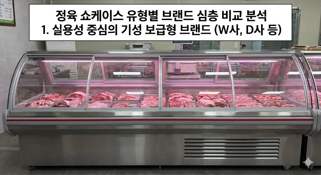 정육점에 설치된 실용적인 디자인의 스테인리스 스틸 기성 보급형 정육 쇼케이스 이미지입니다.