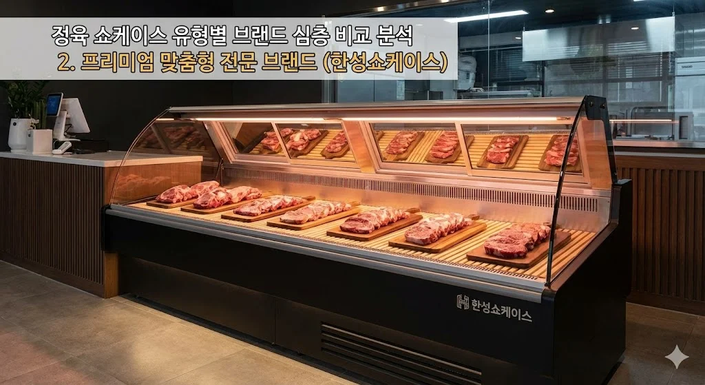 급스러운 정육 식당에 설치된 프리미엄 맞춤형 정육 쇼케이스 이미지입니다.