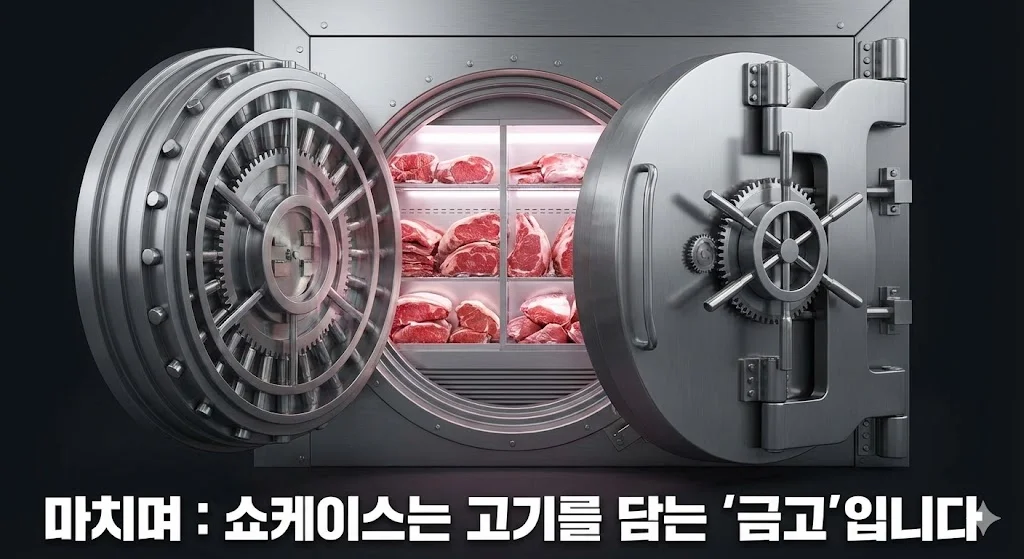 고기를 담는 금고라는 비유를 표현하기 위해, 정육 쇼케이스가 거대한 금고 문처럼 열려있고 그 안에 고기가 진열된 모습을 담은 이미지입니다.