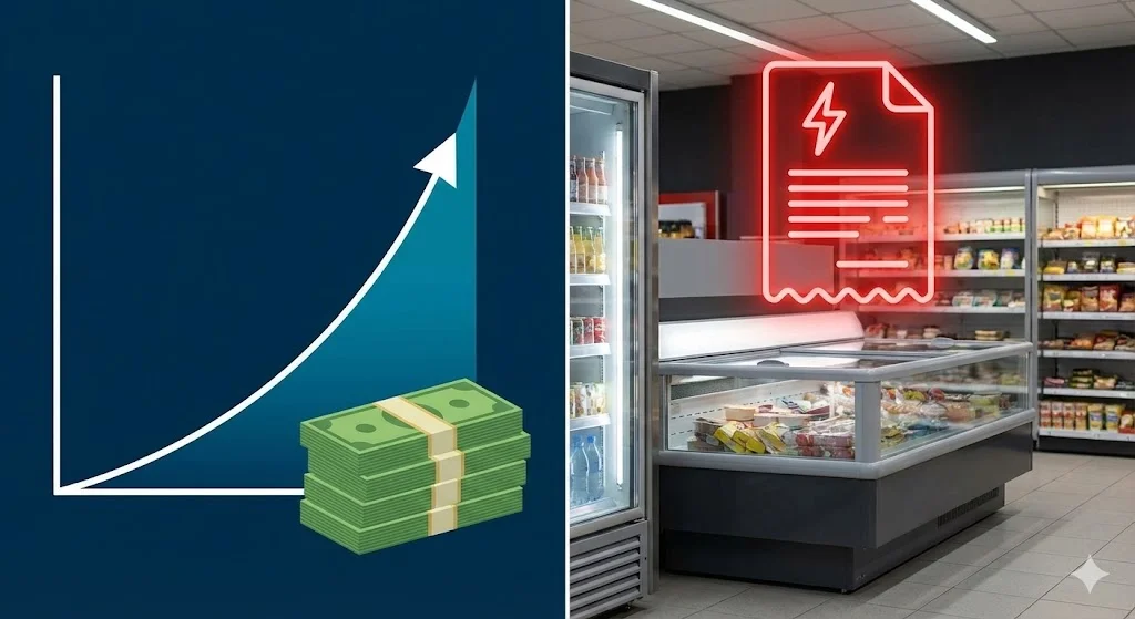매출 상승 그래프와 높은 전기요금 청구서가 있는 오픈 쇼케이스 이미지.