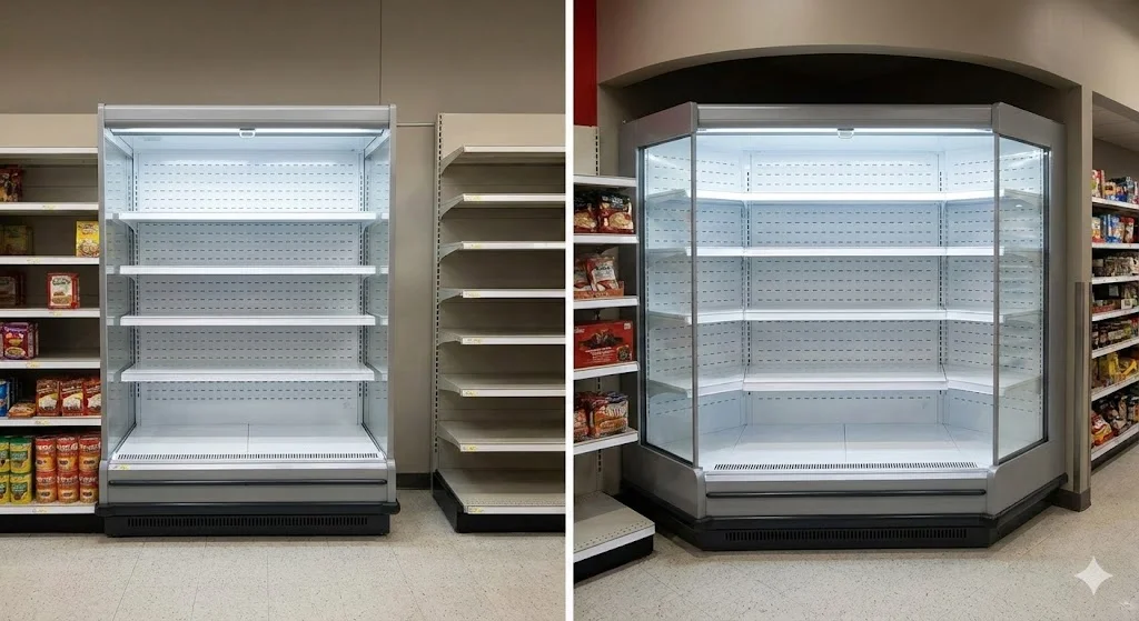 규격품 쇼케이스와 공간에 딱 맞는 맞춤 제작 쇼케이스의 비교 이미지.