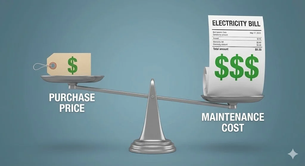 낮은 구입 가격보다 높은 유지 비용이 더 무겁다는 것을 보여주는 저울 이미지.