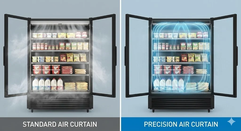 일반 에어커튼(냉기 유출)과 정밀 에어커튼(냉기 차단)의 비교 이미지.