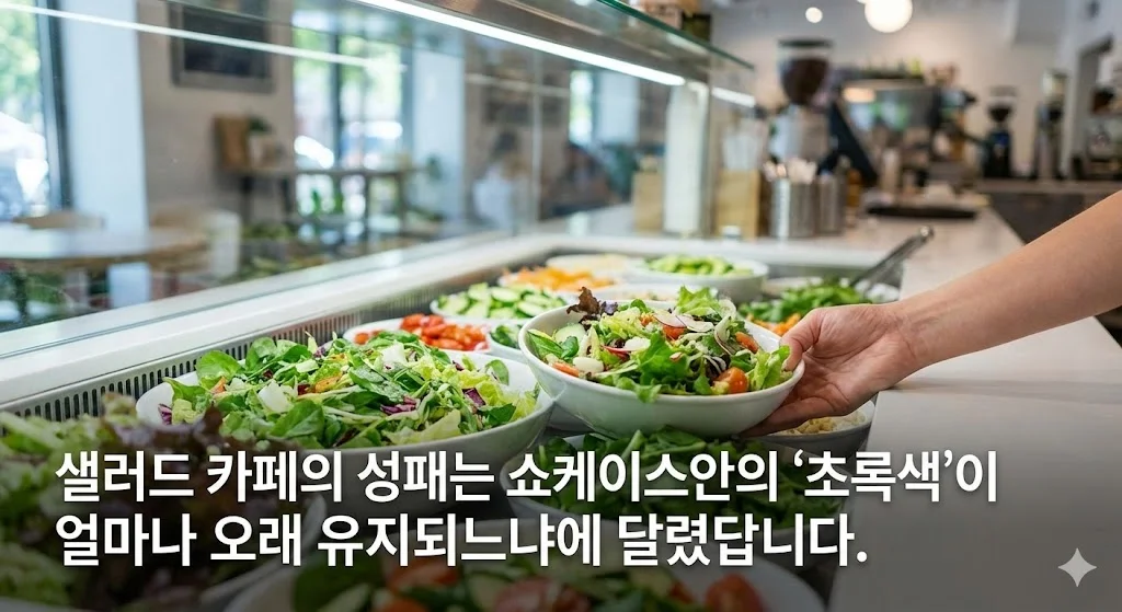 신선한 초록색 채소가 가득 담긴 샐러드 쇼케이스와 샐러드 볼을 집어 드는 고객의 손
