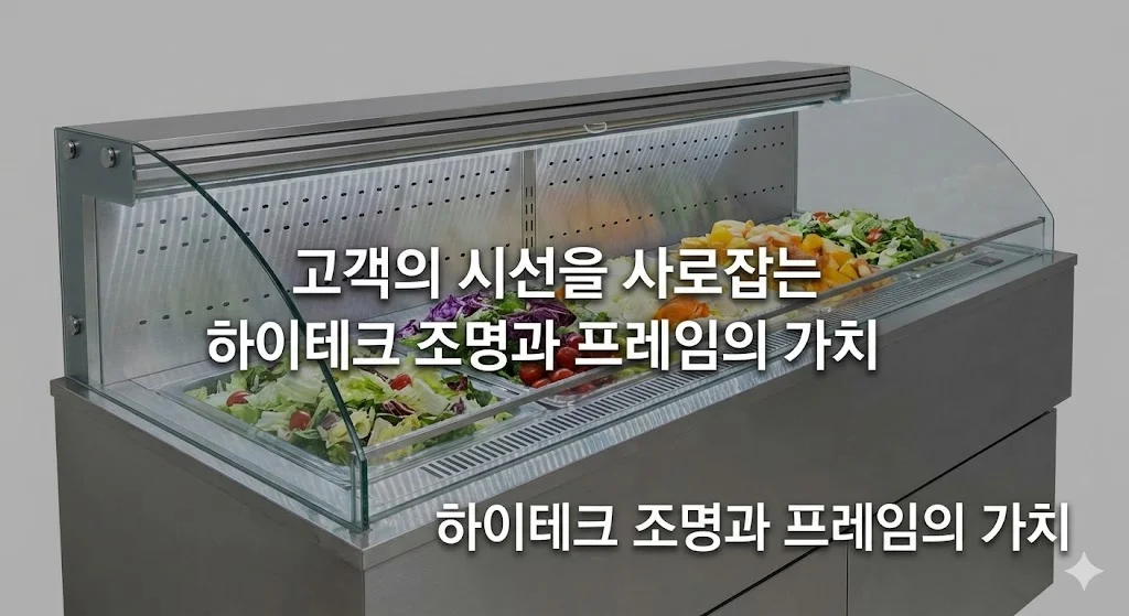 고급스러운 스테인리스 프레임과 하이테크 LED 조명을 받아 더욱 먹음직스러워 보이는 샐러드 쇼케이스