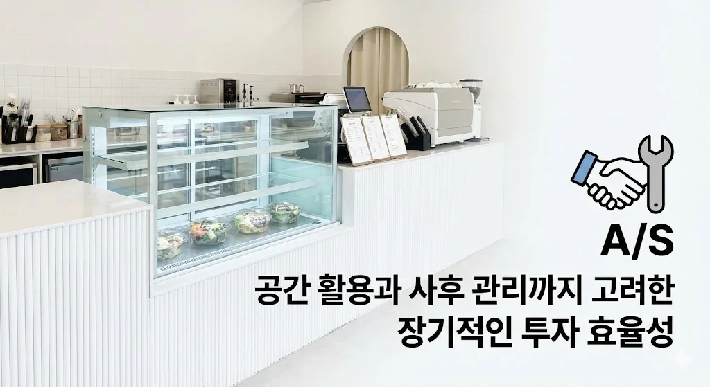 깔끔한 매장 공간에 맞춤 제작된 샐러드 쇼케이스와 사후 관리(A/S)를 의미하는 악수와 렌치 아이콘