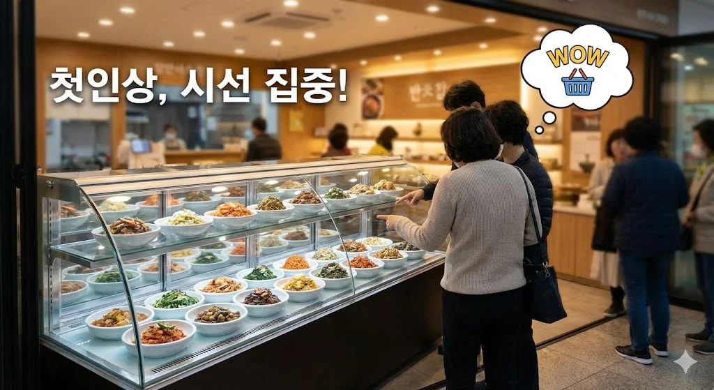 반찬가게의 첫인상은 입구에서 결정됩니다. 먹음직스러운 반찬이 가득한 쇼케이스는 지나가는 손님의 시선을 사로잡아 매장으로 이끄는 가장 확실한 방법입니다.