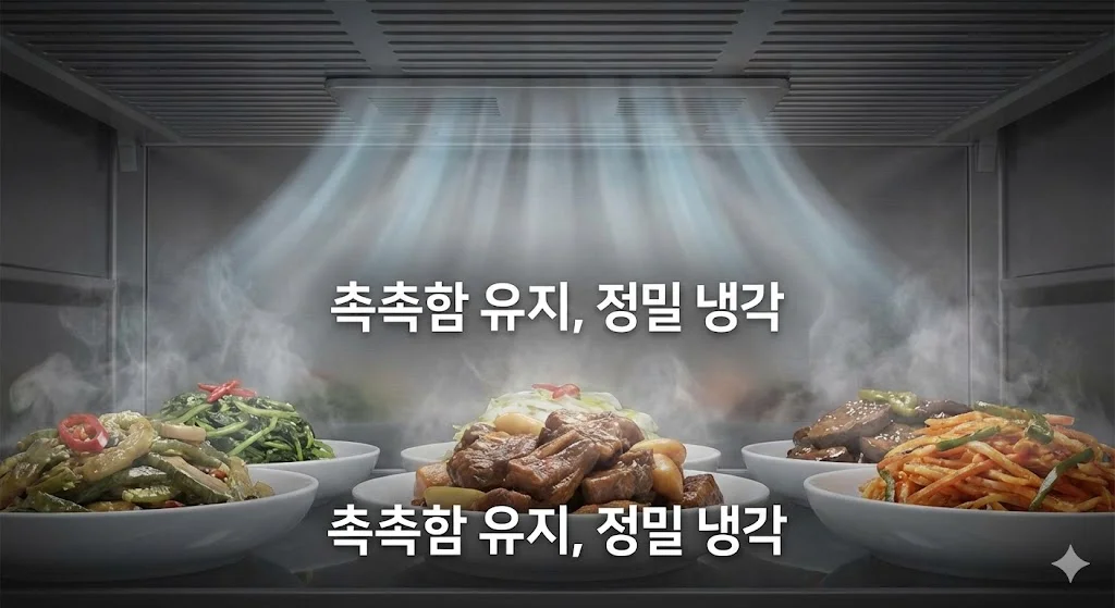 반찬의 신선함은 수분 유지에 달려있습니다. 섬세한 정밀 냉각 기술은 반찬이 마르지 않고 언제나 갓 만든 것처럼 촉촉하게 유지시켜 줍니다.