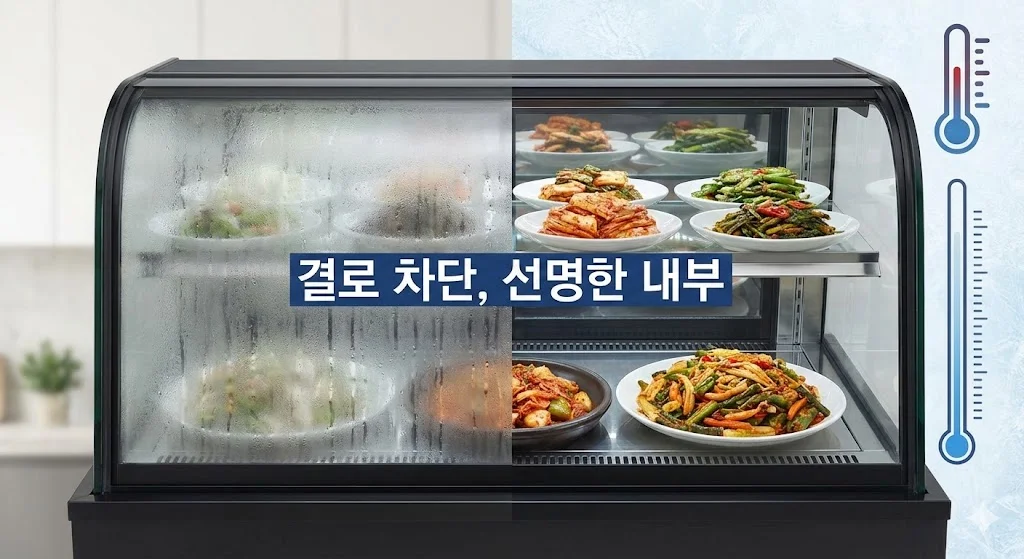 쇼케이스 유리에 김이 서리면 반찬이 잘 보이지 않습니다. 뛰어난 결로 차단 기술은 어떤 날씨에도 내부를 선명하게 보여주어 반찬의 진열 효과를 극대화합니다.