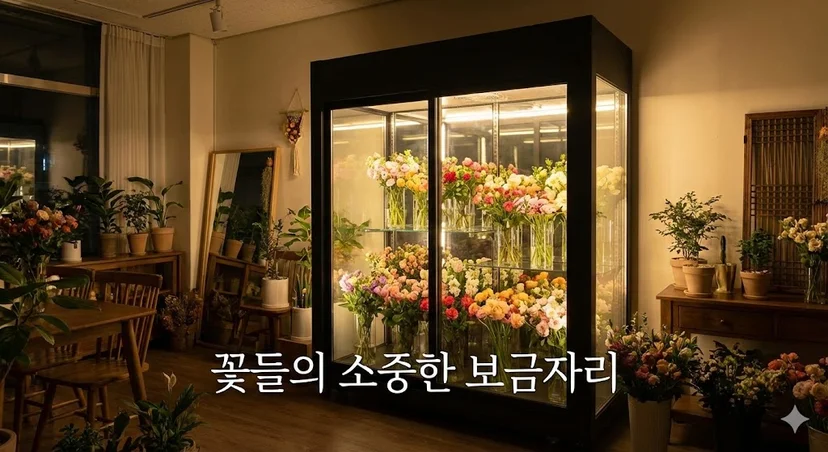 따뜻한 조명 아래 아름다운 꽃들이 가득 찬 대형 유리 꽃냉장고가 있는 감성적인 꽃집 내부 전경.