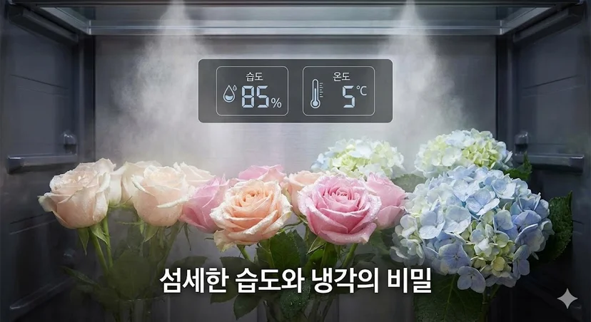꽃냉장고 내부의 미세한 미스트 분사와 디지털 온습도계(습도 85%, 온도 5°C)가 꽃의 신선함을 유지하는 모습