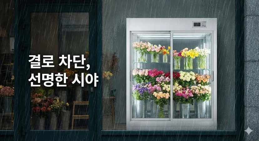 비 오는 날 창밖 풍경과 대비되는, 결로 없이 투명한 유리를 통해 꽃들이 선명하게 보이는 꽃냉장고 외부 모습.