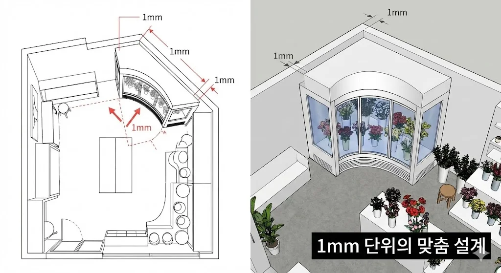 꽃집 평면도와 3D 렌더링을 통해 코너 공간에 1mm 단위로 완벽하게 맞춤 설계된 곡선형 꽃냉장고의 모습.