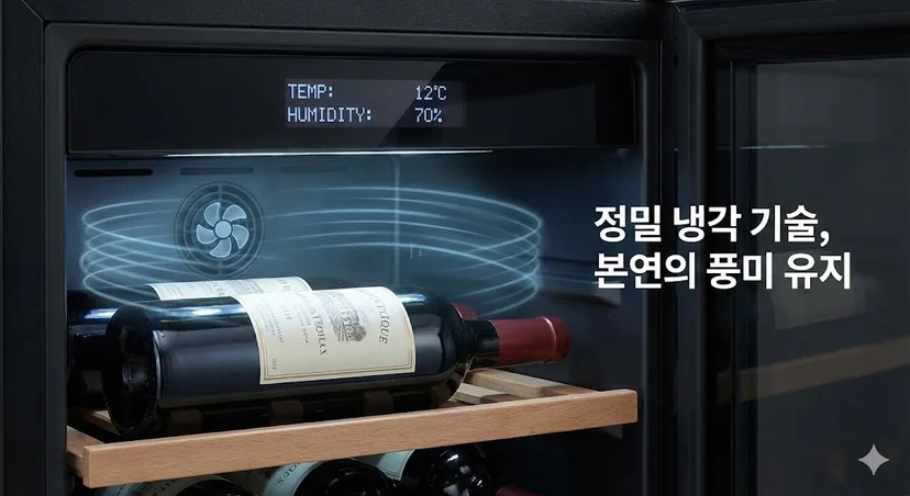 쇼케이스 내부의 디지털 온습도 표시와 와인병 주변을 감싸는 정밀한 냉기 순환 기술 시각화.