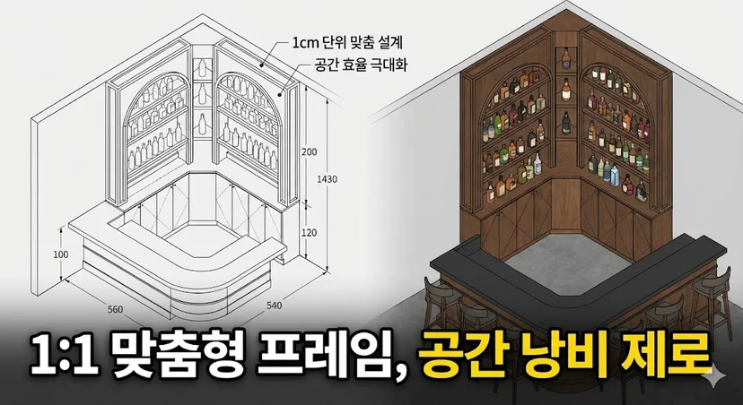 코너 공간에 완벽하게 맞춘 1:1 맞춤형 주류 쇼케이스 설계 도면과 3D 렌더링 이미지.