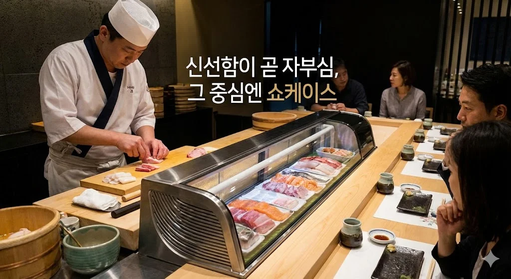 셰프가 신선한 재료를 손질하고 고객들이 이를 지켜보는 고급 스시 카운터, 중심에 위치한 쇼케이스에 싱싱한 생선회가 가득 진열된 모습.