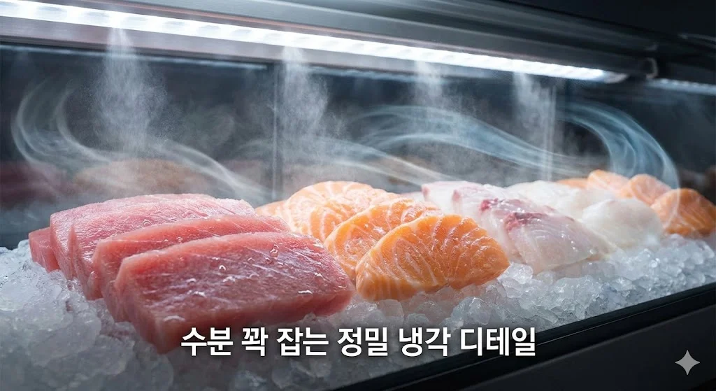 쇼케이스 내부의 신선한 생선회 주변으로 미세한 냉기와 습기가 순환하며 수분 증발을 막는 정밀 냉각 기술을 보여주는 이미지.
