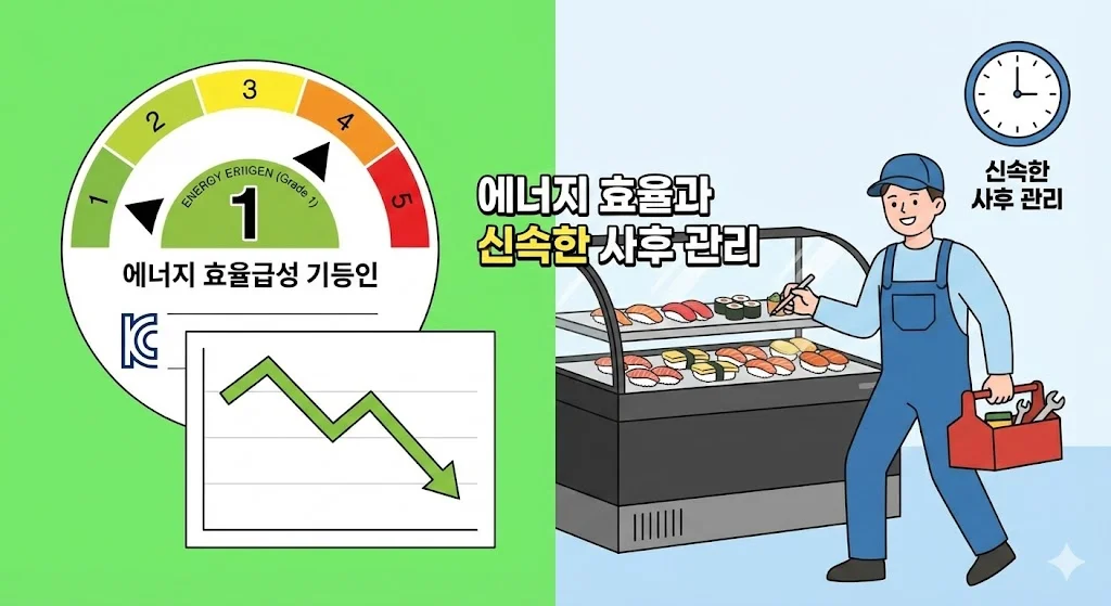 에너지 효율 1등급 라벨과 비용 절감 그래프, 그리고 쇼케이스를 점검하는 친절한 A/S 기사의 모습을 통해 운영의 안정성을 표현한 이미지.