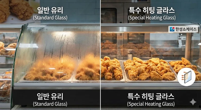 고온 환경에서도 결로 없이 내부 음식을 선명하게 보여주는 한성쇼케이스 특수 히팅 글라스 비교 모습