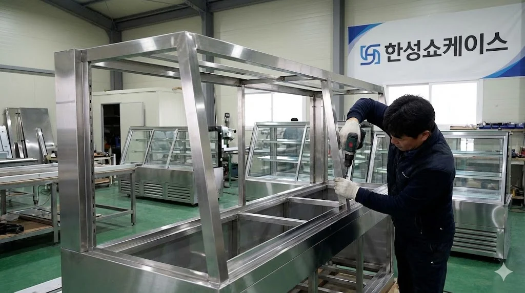 잦은 사용에도 튼튼한 내구성을 자랑하며 국내 직영 공장에서 꼼꼼하게 생산되는 한성쇼케이스 빵쇼케이스 제조 과정