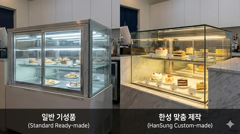 매장의 품격을 높여주는 세련된 디자인과 특수 LED 조명이 적용된 한성쇼케이스 맞춤제작쇼케이스 사례