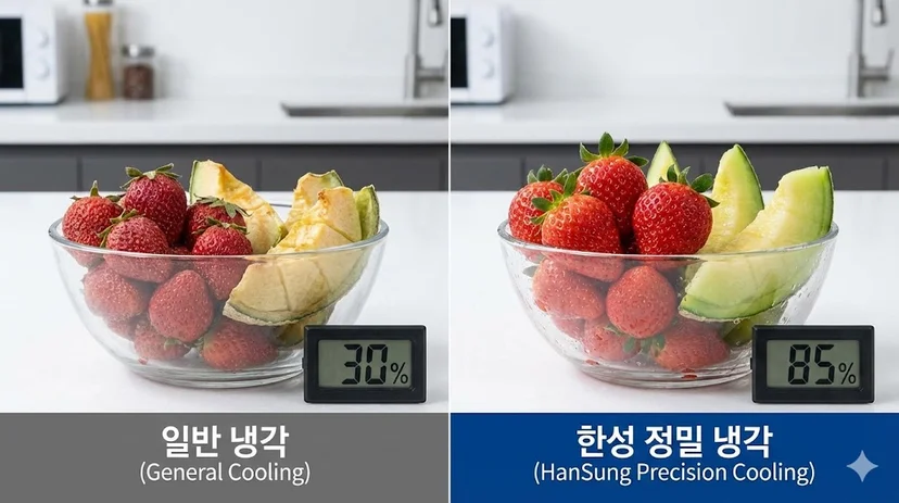 과일의 수분 증발을 억제하고 생기를 오래 유지하는 한성쇼케이스만의 정밀 정온 냉각 시스템 이미지