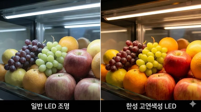과일 고유의 선명한 색감을 극대화하여 구매 욕구를 자극하는 한성쇼케이스 맞춤형 고연색성 LED 조명 사례