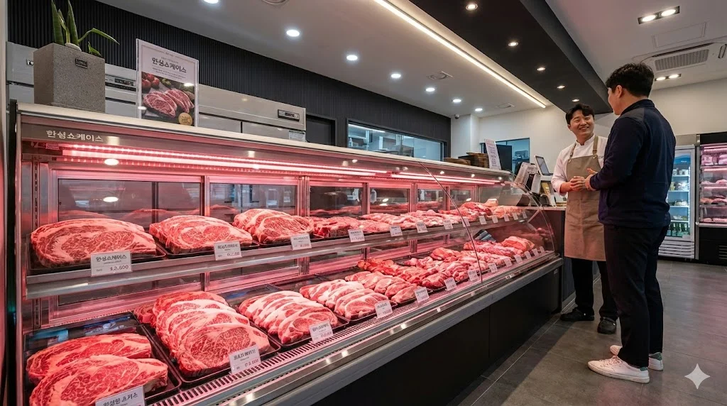 육류 고유의 선명한 색감과 신선함을 극대화하여 품격을 높이는 한성쇼케이스 프리미엄 정육쇼케이스 설치 전경
