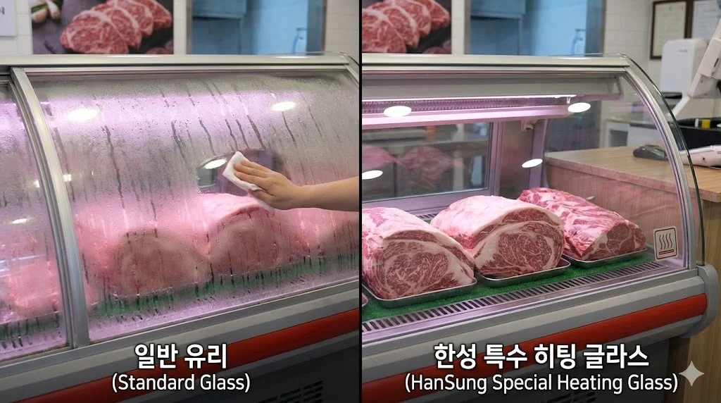 낮은 온도 환경에서도 결로 없이 내부 마블링을 선명하게 보여주는 한성쇼케이스