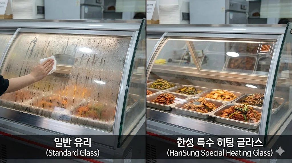 온도 차가 심한 환경에서도 결로 없이 내부 반찬을 투명하게 보여주는 한성쇼케이스 특수 히팅 글라스 적용 모습
