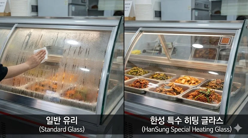 온도 차가 심한 환경에서도 결로 없이 내부 반찬을 투명하게 보여주는 한성쇼케이스 특수 히팅 글라스 적용 모습