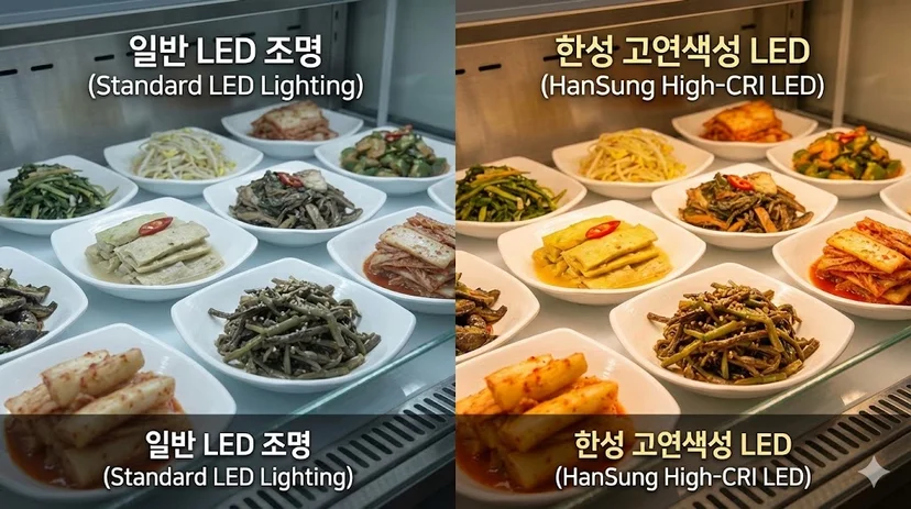 반찬의 정갈한 색감을 생생하게 강조하여 구매 욕구를 자극하는 한성쇼케이스 맞춤형 고연색성 LED 조명 사례