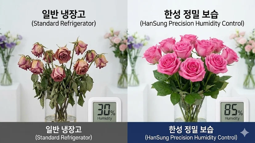 꽃잎의 건조를 막고 생기를 오래 유지하기 위해 정밀 습도 제어 시스템을 적용한 한성쇼케이스만의 꽃 전용 냉각 기술 이미지