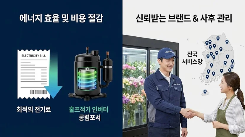 높은 에너지 효율과 신속한 AS 시스템을 갖추어 플로리스트들의 두터운 신뢰를 받는 한성쇼케이스 국내 제조 공정 모습