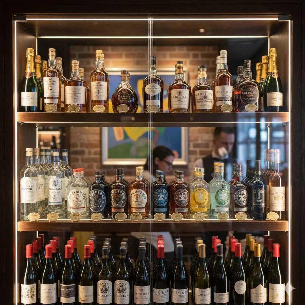 주류냉장고 내부 진열 예시: 병·캔·하이볼 재료를 깔끔하게 진열한 유리도어 냉장고