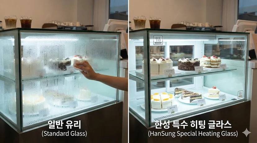 온도 차가 심한 환경에서도 결로 없이 내부 디저트를 선명하게 보여주는 한성쇼케이스 특수 히팅 글라스 적용 모습