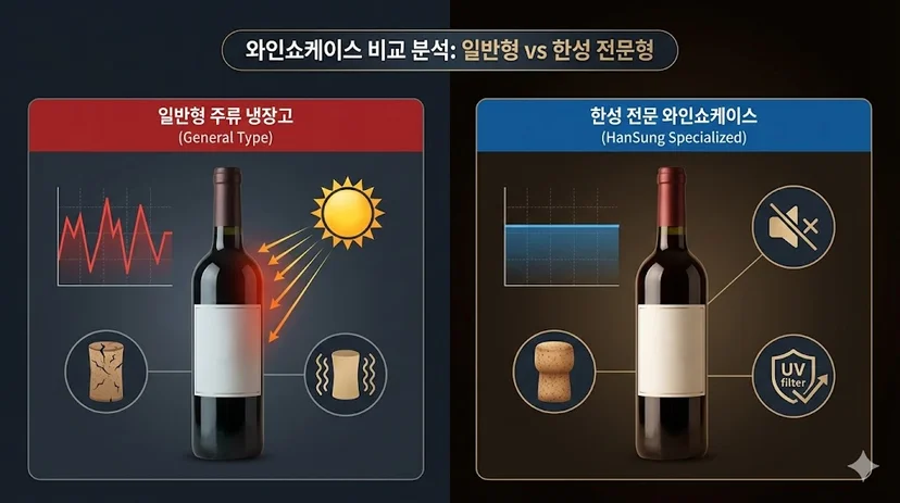 일반형 주류 냉장고와 한성 전문 와인쇼케이스의 성능을 비교하는 인포그래픽 대제목 이미지