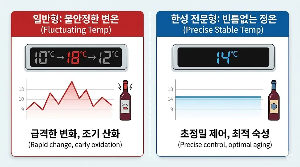 불안정한 변온을 보여주는 일반형 냉장고와 빈틈없는 정온을 유지하는 한성 전문 와인쇼케이스의 온도 그래프 비교 이미지