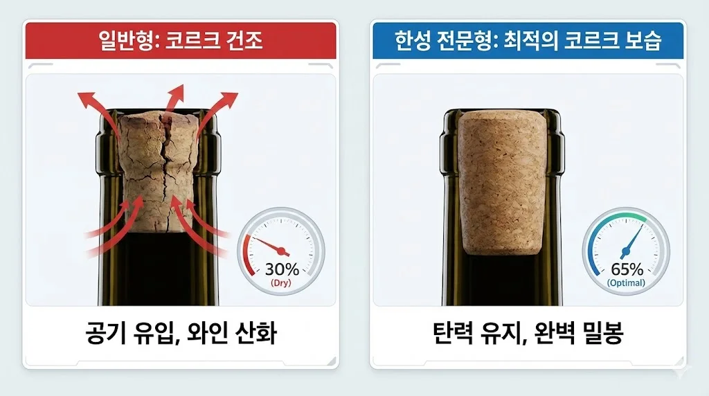 건조하여 수축된 코르크와 최적의 습도로 완벽하게 밀봉된 코르크를 비교하는 습도 관리 이미지