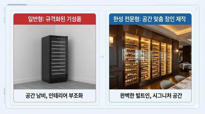 공간에 맞지 않는 규격화된 기성품 셀러와 완벽하게 빌트인된 맞춤 제작 대형 와인셀러를 비교하는 맞춤 설계 이미지
