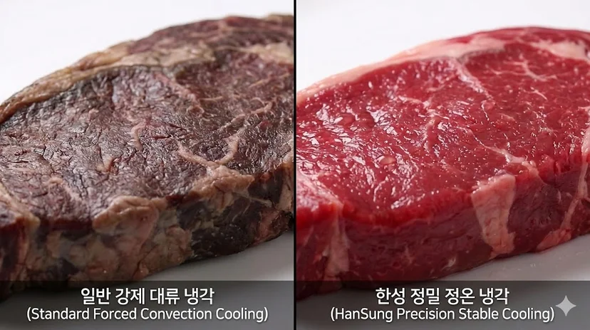 고기의 갈변을 막고 육즙을 온전히 보존하기 위해 차가운 냉기를 은은하게 순환시키는 한성쇼케이스만의 정온 보습 냉각 이미지