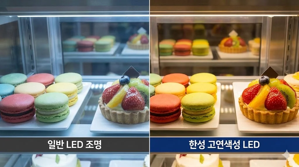 케이크 고유의 선명한 색감을 생생하게 살려주는 한성쇼케이스 고연색 LED 조명과 일반 조명의 시각적 효과 차이 대조