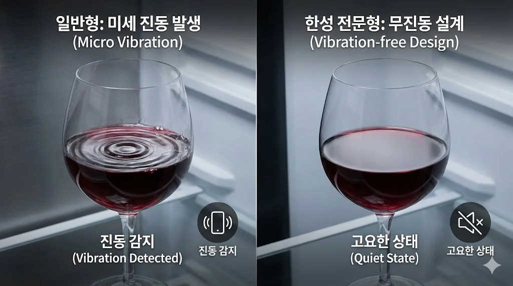 와인의 숙성을 방해하는 미세 진동을 근본적으로 차단하여 최상의 풍미를 지켜주는 한성쇼케이스 무진동 설계 구조 비교 이미지