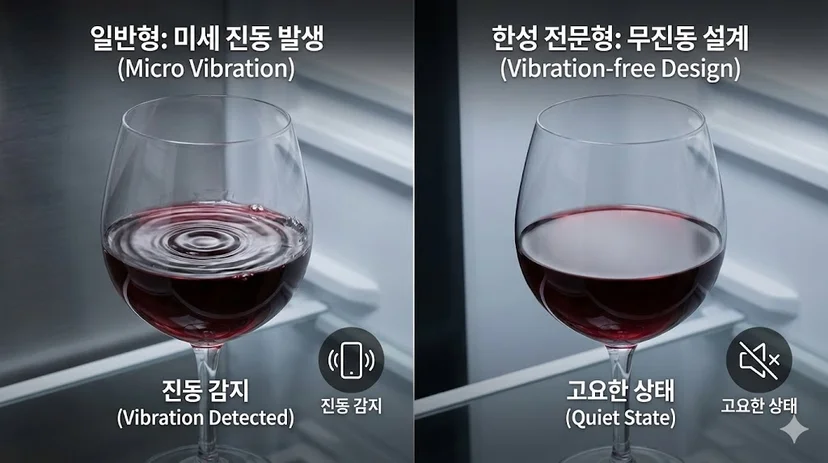 와인의 숙성을 방해하는 미세 진동을 근본적으로 차단하여 최상의 풍미를 지켜주는 한성쇼케이스 무진동 설계 구조 비교 이미지