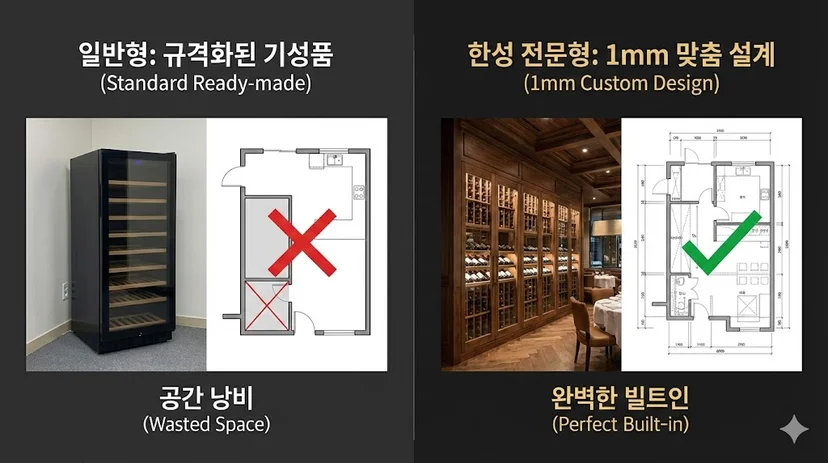매장 인테리어 컨셉에 맞춰 1mm 단위로 정교하게 맞춤 제작된 한성쇼케이스 대형 와인셀러 인테리어 및 도면 비교 이미지