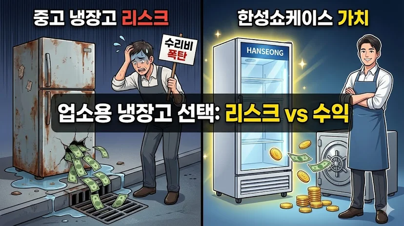 좌우로 나뉜 화면에서 수리비 폭탄에 좌절하는 중고 냉장고 오너와 금고처럼 돈이 쌓이는 한성 냉장고 옆에서 여유로운 오너의 모습을 대조적으로 보여줍니다.