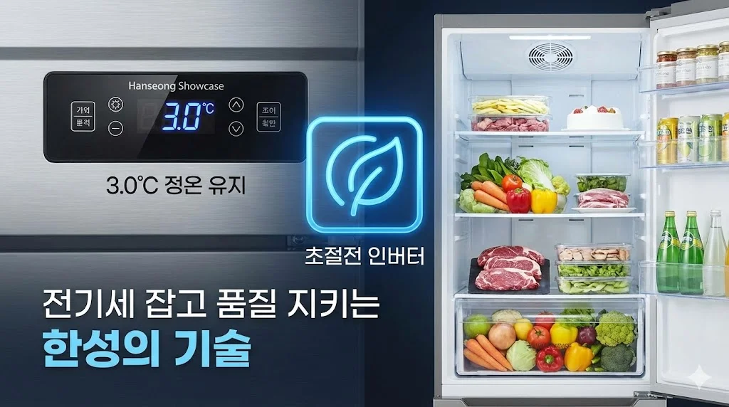 한성 냉장고의 디지털 온도계가 3.0°C를 일정하게 유지하는 모습과 에너지 절약 아이콘, 그리고 신선하게 보관된 식재료를 통해 기술력을 시각화했습니다.