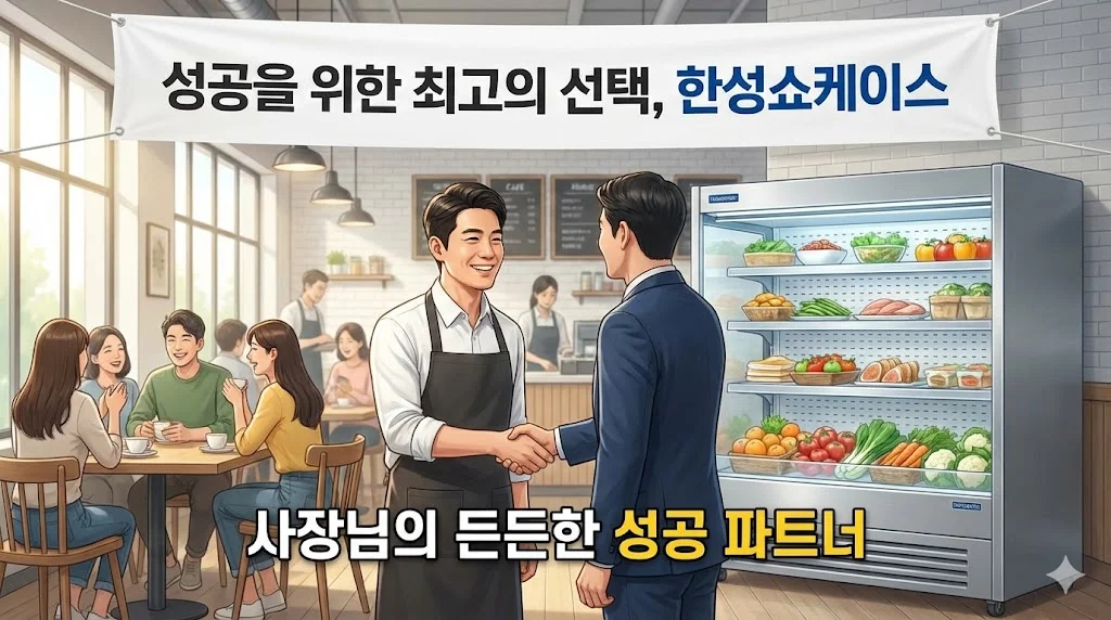 활기찬 매장을 배경으로 한성쇼케이스 담당자와 악수하며 웃는 사장님의 모습을 통해 성공적인 파트너십과 밝은 미래를 표현했습니다.